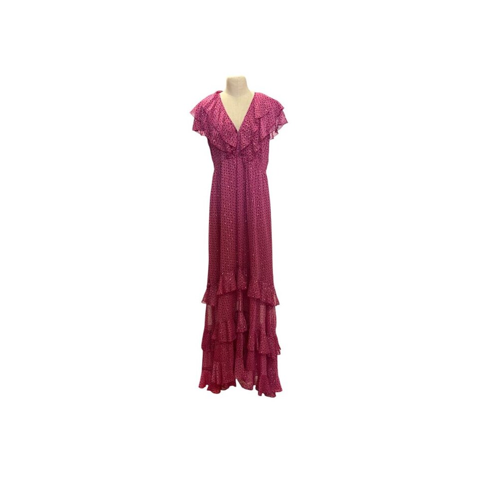 Sabina Musayev Malibu Dress S Pink Print Ruffle Maxi